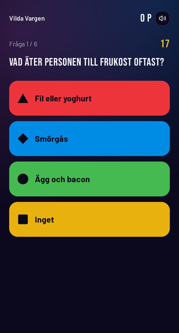 Spelarens mobilvy med fyra färgade svarsalternativ