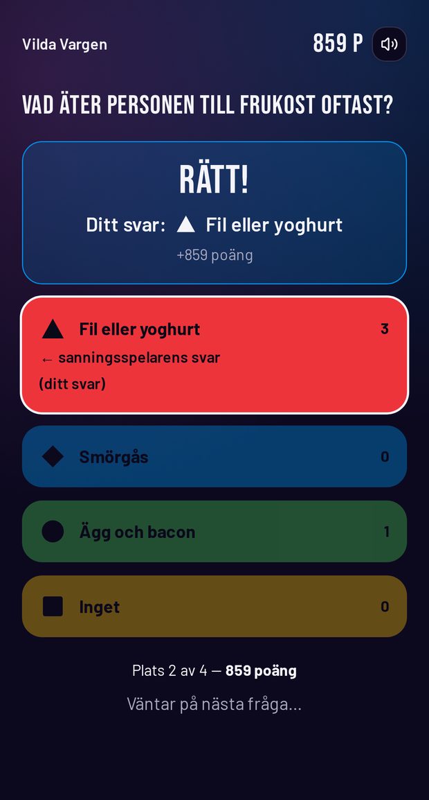 Spelarens mobilvy vid facit med eget svar, poäng och placering